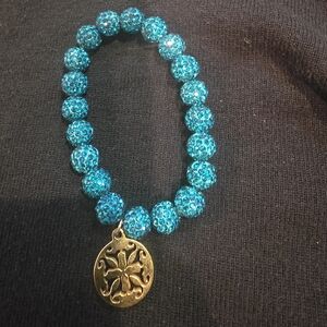 Rustic Cuff Turquoise Sparkle Bead Stretch Bracelet with Gold Charm